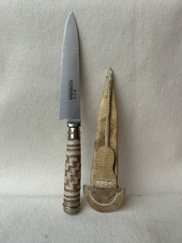 Cuchillo trenzado fino con Alpaca hoja de acero inoxidable 14 cm vaina de cuero crudo