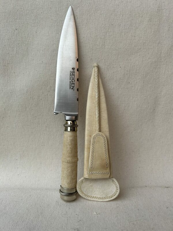 CUCHILLO TEJIDO SUPER FINO EN TIENTO 1 MONDONGILLO PUNTERA DE ALPACA VAINA EN CUERO CRUDO ACERO INOXIDABLE HOJA DE 14 CM - Image 3