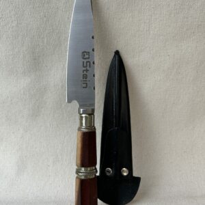 Cuchillo con cabo de madera y anillos en Alpaca hoja en acero inoxidable de 14 cm viene con vaina de cuero hoja STEIN (440)