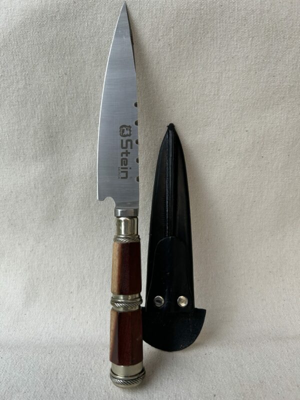 Cuchillo con cabo de madera y anillos en Alpaca hoja en acero inoxidable de 14 cm viene con vaina de cuero hoja STEIN (440)